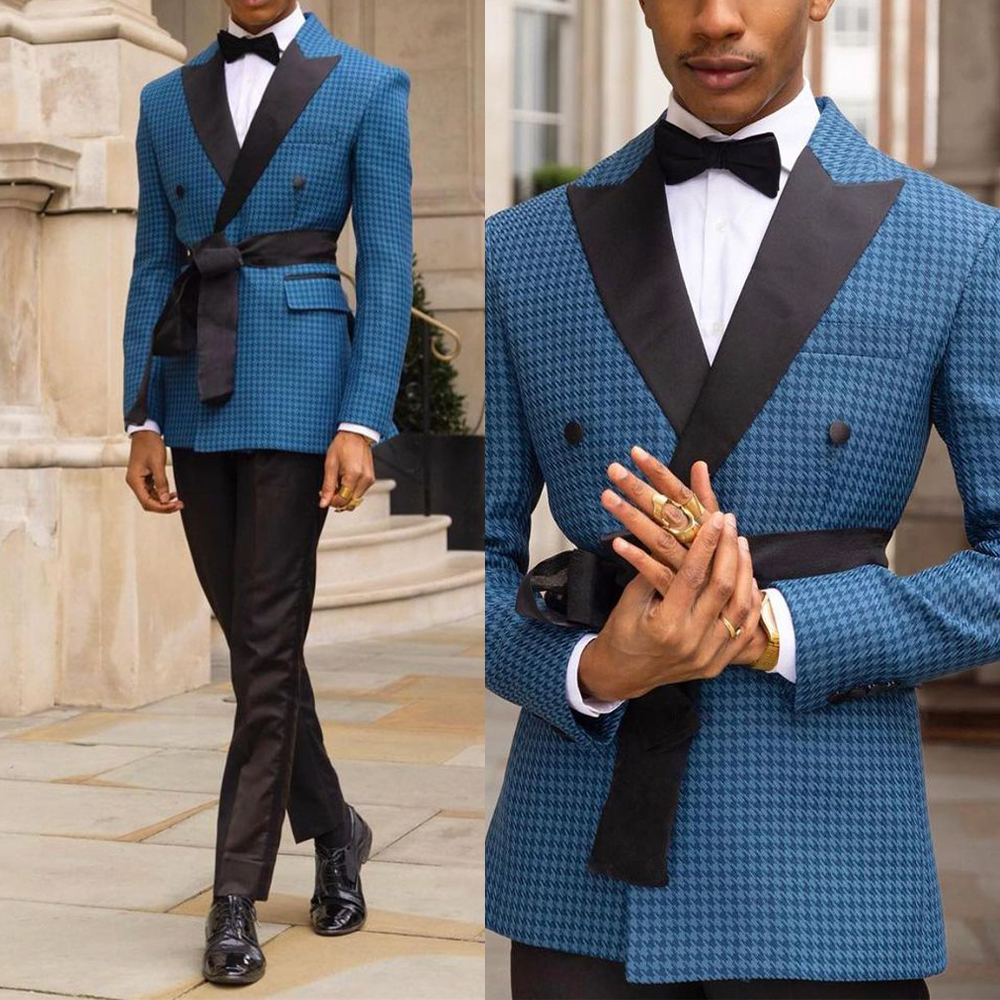 Men Formal Wear Sale - Fashion Men Suits Winter Houndstooth Belt
