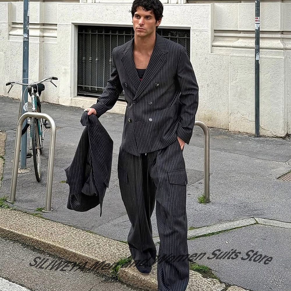 Men Formal Wear Jacket - Elegant Man Suit Pinstripe Double-Breasted Notch