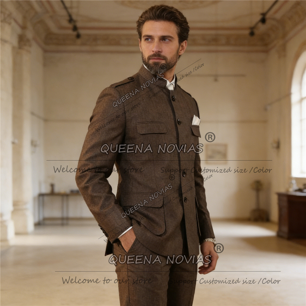 Men Formal Wear Jacket - Classic Brown Suits Men Safari Style