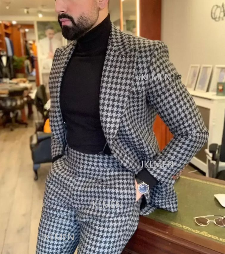 Men Formal Wear Jacket - Houndstooth Mens Suits 2PCS Wedding Tuxedos